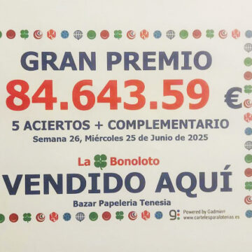 premio bonoloto haria jun25 El sorteo de la Bonoloto deja un premio de más de ochenta y cuatro mil euros en Haría