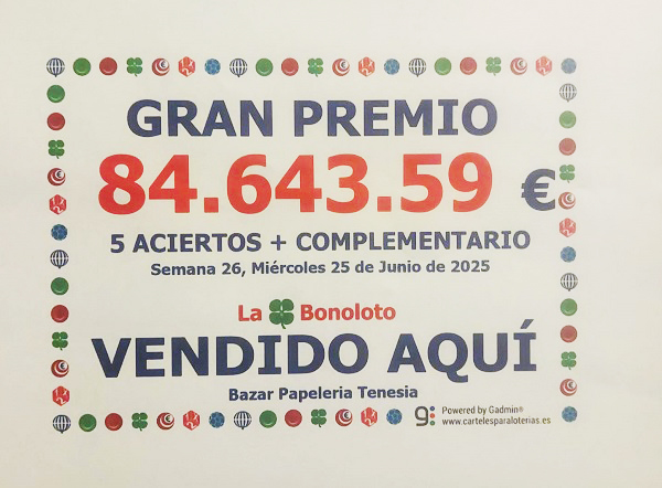premio bonoloto haria jun25 El sorteo de la Bonoloto deja un premio de más de ochenta y cuatro mil euros en Haría